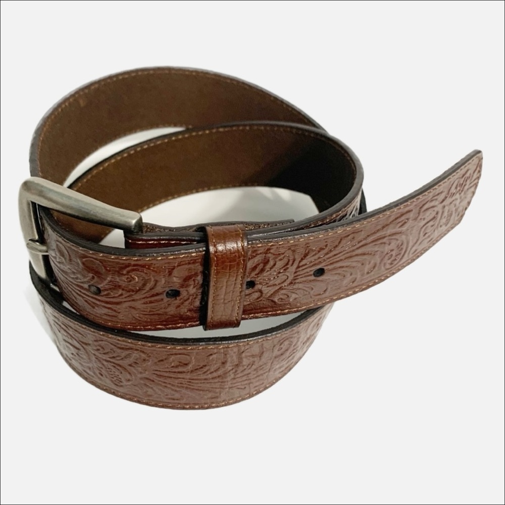 Arizona Filigree Emboss Leather Western Style Belt with Silver Buckle Brown 🟫